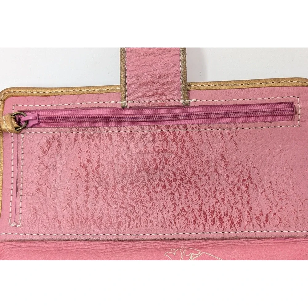 Fossil Pink Floral Leather Checkbook Wallet Boho Embroidered Studded Organizer